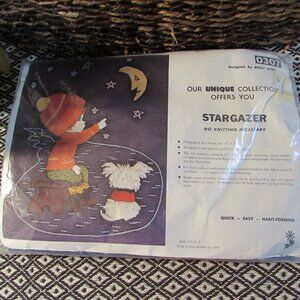 Vintage 1974 NOS Sealed LeeWards Embroidery Kit Stargazer 16x22 Boy Dog Moon